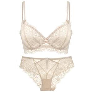 Detailed macro shot of beige lace lingerie set including bra and matching panties