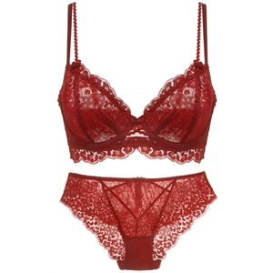 Detail of red lace lingerie set featuring floral embroidery and a small bow decoration