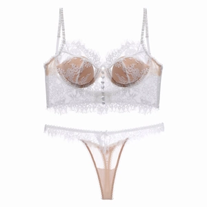 Conjunto de lencería de encaje blanco estilo francés con espalda en U y bustier