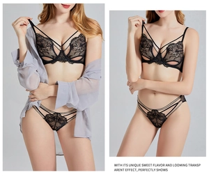 Dettaglio del set di lingerie in pizzo nero con ricami floreali e spalline doppie