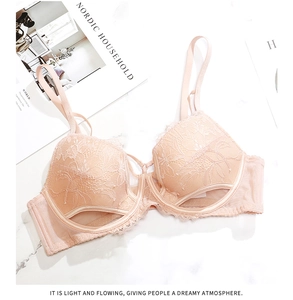 Dettaglio ravvicinato del reggiseno in pizzo pesca con ricami floreali e bordi cigliati