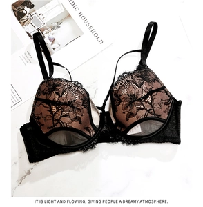 Dettaglio delle coppe in pizzo nero con fodera color carne e ricami fini sul reggiseno