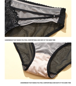 Dettaglio dell'intimo in pizzo nero con mesh e design a cinturini laterali eleganti