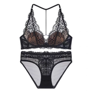 French style thin black lace lingerie set with front closure and halter neck T-back design