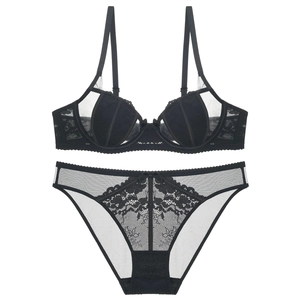 French style black lace mesh lingerie set with bunny ear design and underwire support