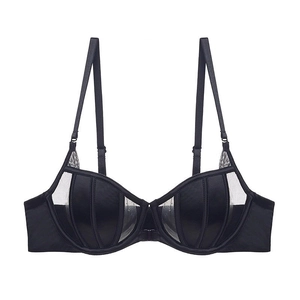Elegant black lace-mesh bra with seashell patterns and adjustable thin straps