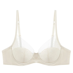 Elegant beige French lace bra with floral embroidery and underwire support