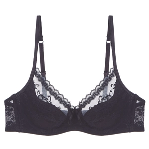 Black lace bra with scalloped edges and adjustable straps in a classic elegant style