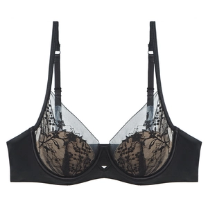 Elegant black lace bra with floral embroidery and underwire support on white background