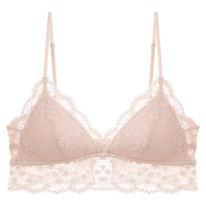 Bralette elegante de encaje rosa claro con copas triangulares y tirantes finos ajustables