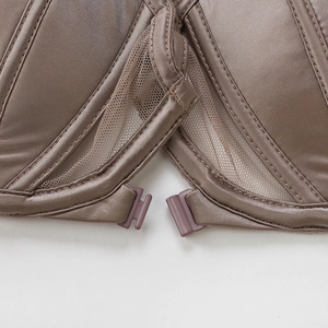 Brown silk bra with back buckle detail featuring mesh patchwork and T-shaped front clasp