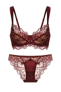 Detail of burgundy floral eyelash lace embroidery on underwired full cup bra and panty set