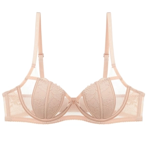 French lace underwire bra with floral mesh detail in beige for women with fuller busts
