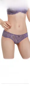 Close-up of sheer purple French lace lingerie set featuring delicate embroidery details
