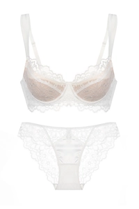 Flat lay of white eyelash lace lingerie set with silk straps and scalloped edges