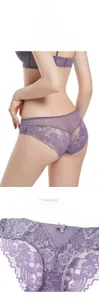 Close-up of sheer purple lace underwear featuring delicate floral patterns and satin bow
