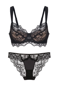 Close-up of black eyelash lace lingerie set with intricate floral patterns and mesh details
