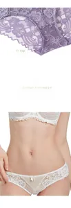 Detailed view of floral purple lace and white mesh fabric on these slim fit panties