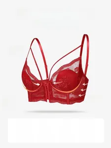 Detailed front view of red lace bra featuring front closure and high-elastic straps