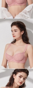 Vue détaillée d'un soutien-gorge en dentelle rose avec broderie cœur et volants
