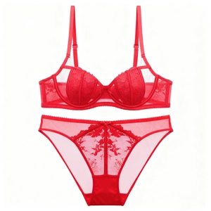 Sexy red lace lingerie set with underwire bra and sheer mesh panties on white background