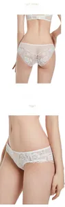 Detailed close-up of ivory floral lace embroidery and sheer mesh on low-waist panties