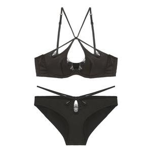 Sexy black satin and eyelash lace lingerie set with cross-strap hollow bra and panties