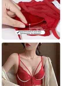 Detail showing the 0.2cm ultra-thin cup thickness and red floral lace texture