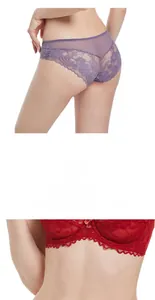 Detailed close-up of breathable purple lace mesh panties and red bra set for women