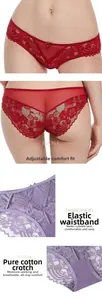 Detail of red and purple lace panties featuring cotton crotch and floral embroidery