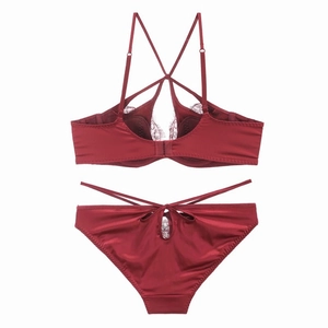 Sexy wine red satin and eyelash lace lingerie set with crisscross back bra and matching panty