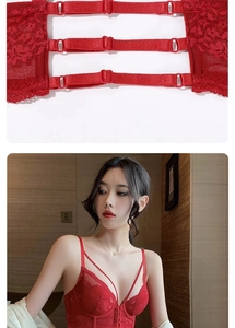 Detailed back view of red lace bra with adjustable straps and front closure design