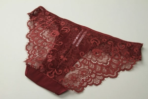 Close-up of deep red floral eyelash lace panties with soft silk gusset detail
