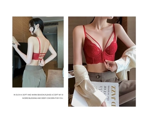 Detailed view of red lace bra featuring front cross straps and elegant back closure