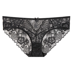 Elegant black floral lace panties for women with scalloped edges and a decorative bow