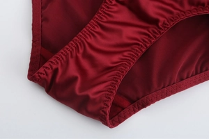 Detail of wine red satin lingerie featuring intricate zigzag stitching and mesh lining