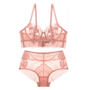 Ensemble Soutien-Gorge et Culotte Sexy en Dentelle Style Français Ultra-mince Transparent Broderie Florale pour Femme