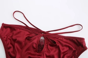 Detail of red satin panties with lace cutout and crisscross back straps design