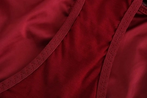 Macro detail of wine red satin lingerie showing cotton lining and zigzag stitching