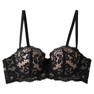 Elegant black lace padded bra with underwire support and floral eyelash lace patterns