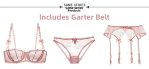 Detailed flat lay of a pink semi-sheer lace lingerie set including bra and garter belt