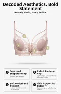 Detailed view of pink lace bralette with rabbit ear cups and side support structure