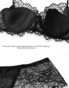 Close-up of black floral eyelash lace detail on thin cotton cup bra and matching panties