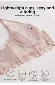 Detailed view of light pink lace bra showing breathable thin cups and anti-bump pads