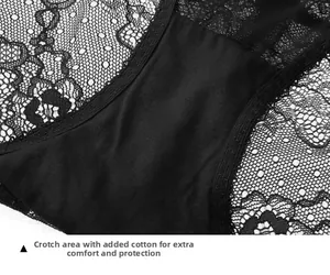 Close-up of black lace panties featuring a breathable cotton-lined crotch for comfort