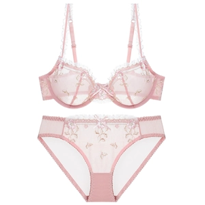 Women Sexy Ultra-thin Perspective Embroidery Lace Bra And Panty Floral Mesh Underwire Supportive Lingerie Romantic Style