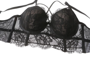 Dettaglio reggiseno in pizzo nero con ricamo floreale e spalline incrociate sul retro