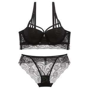 Sexy black lace lingerie set featuring multi-strap push-up bra and matching lace panties