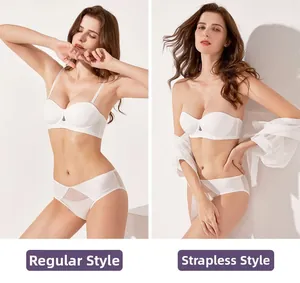 White seamless strapless bra set showing regular and strapless styles with mesh detail