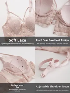 Detail view of pink lace bra with front 4-row buckle and rabbit ear padding